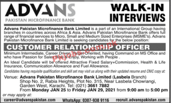 Jobs in ADVANS Pakistan Microfinance Bank Limited