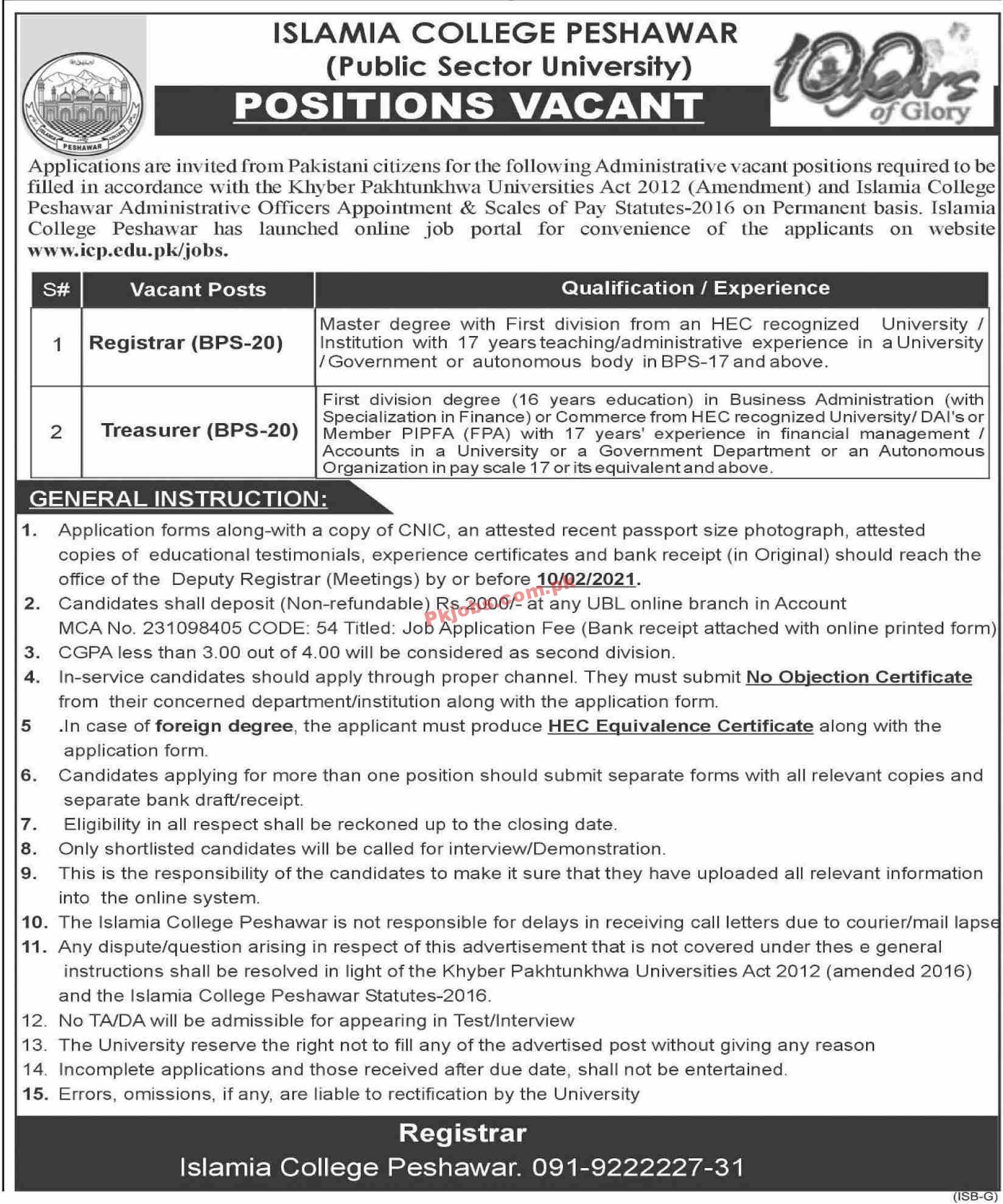 Jobs in Islamia College Peshawar