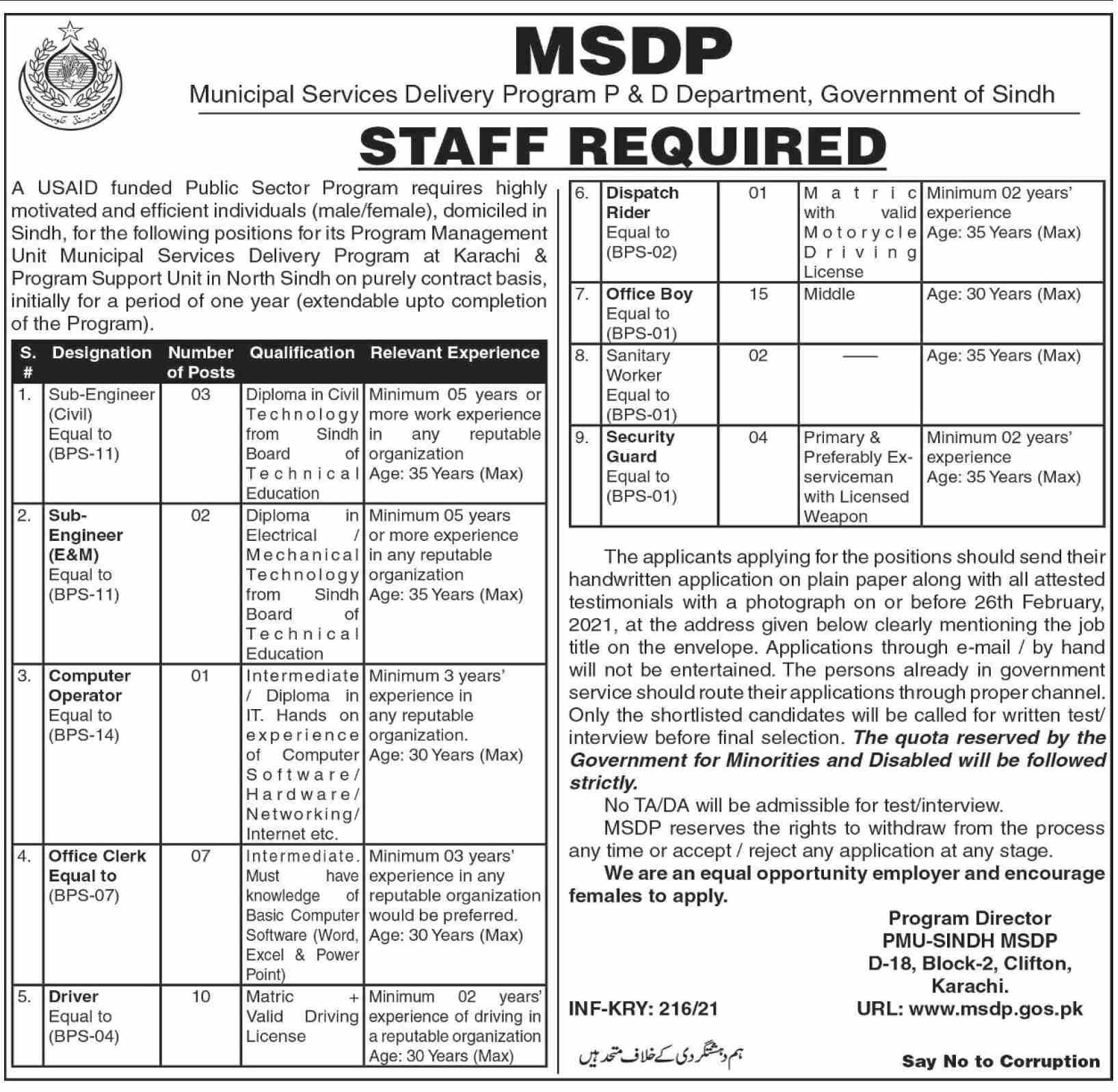 Jobs in MSDP Municipal Services Delivery Program P & D Department Government of Sindh
