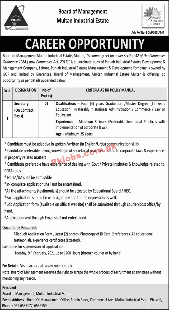 Latest Paperpk Jobs in Board of Management Multan Industrial Estate