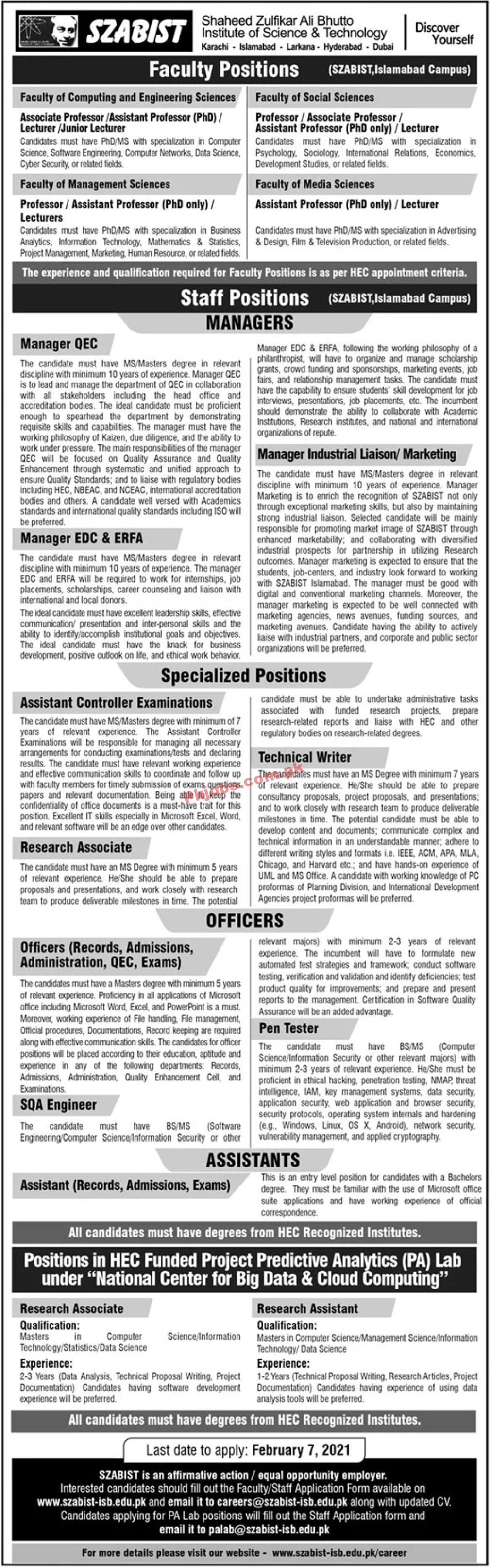 Latest Paperpk Jobs in Shaheed Zulfikar Ali Bhutto Institute of Science & Technology SZABIST