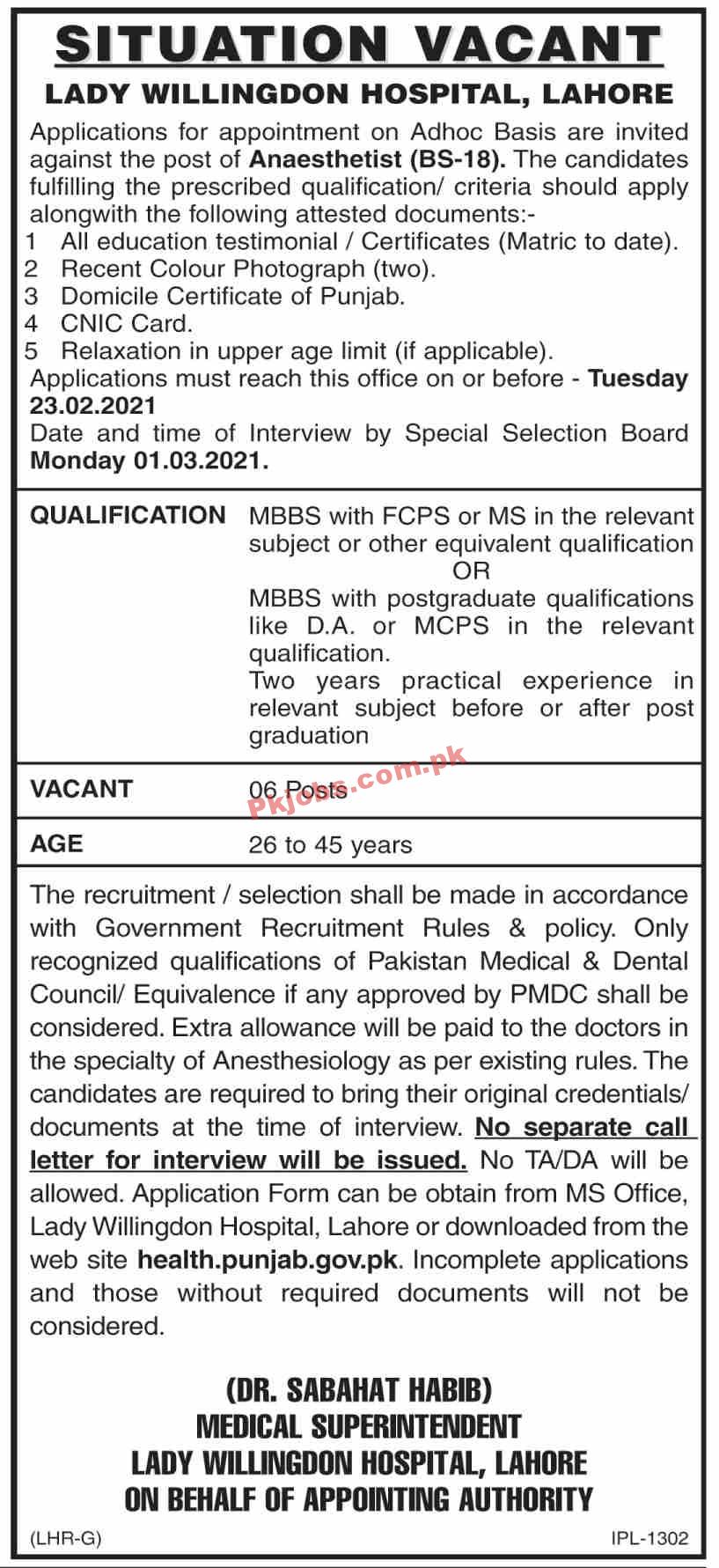 Jobs in Lady Willingdon Hospital Lahore