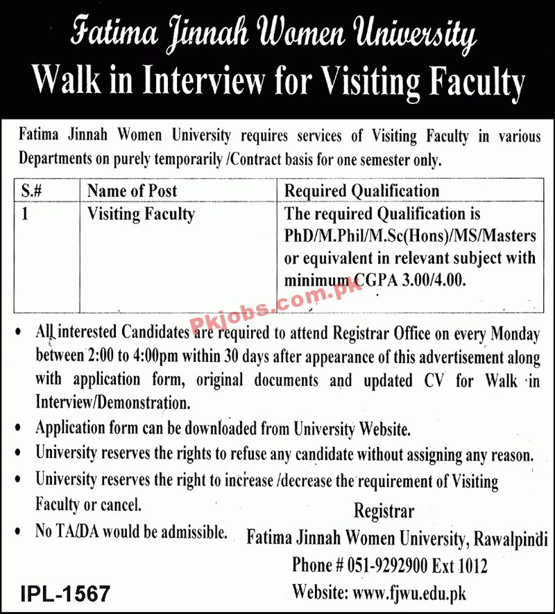 Jobs in Fatima Jinnah Women University