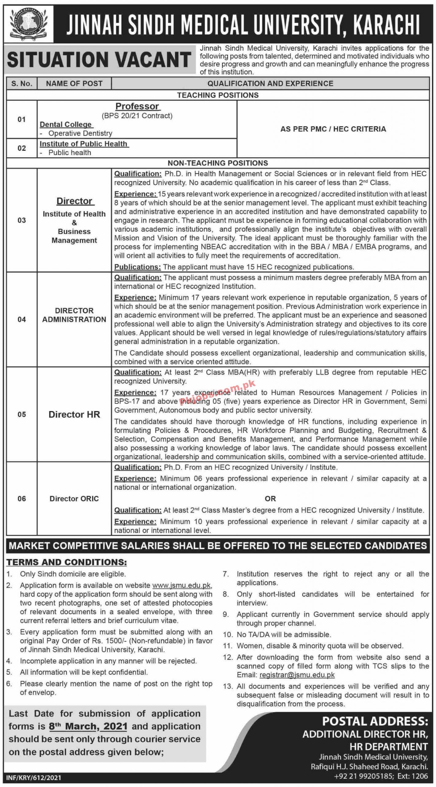 Jobs in Jinnah Sindh Medical University Karachi