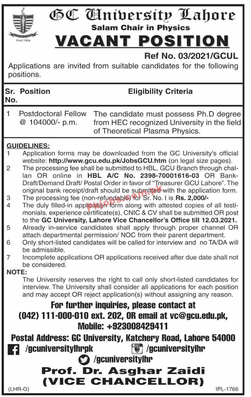 Jobs in GC University Lahore