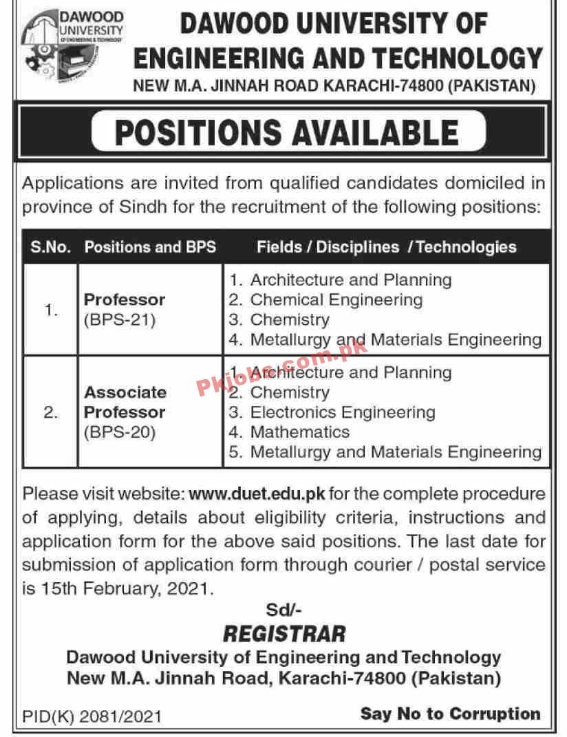 Jobs in Dawood University of Engineering and Technology