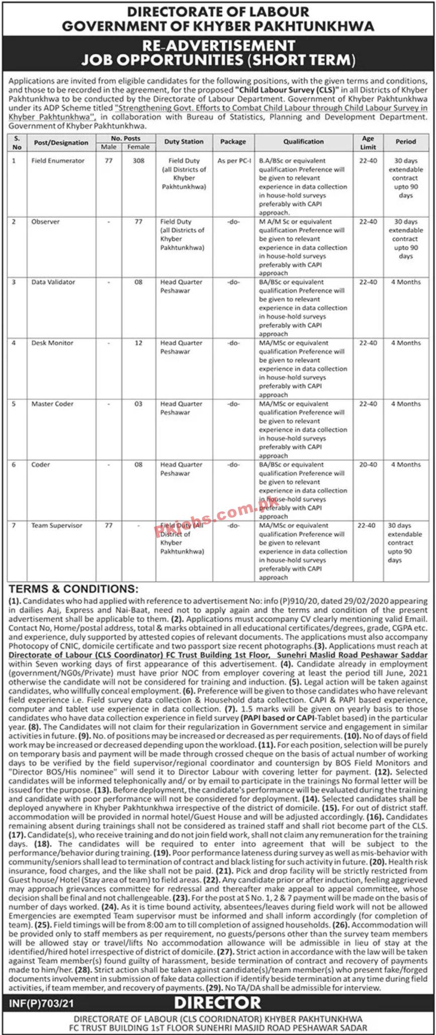 Jobs in Directorate of Labour Government of Khyber Pakhtunkhwa
