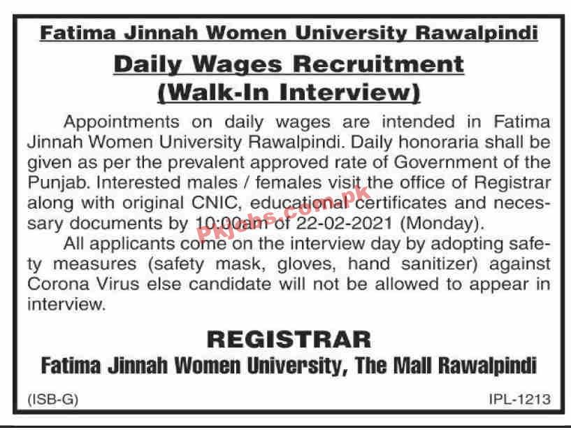 Jobs in Fatima Jinnah Women University Rawalpindi