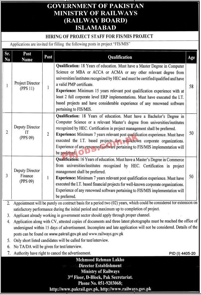 Jobs in Government of Pakistan Ministry of Railways Islamabad