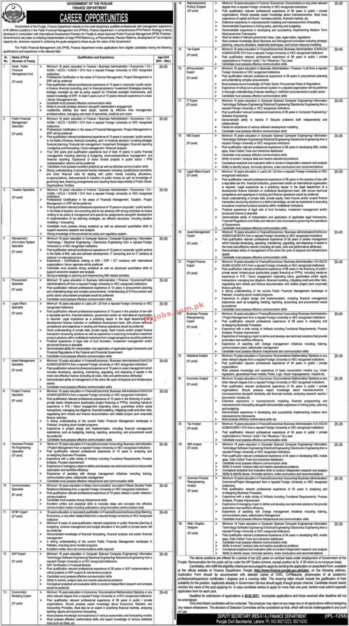 Jobs in Government of the Punjab Finance Department