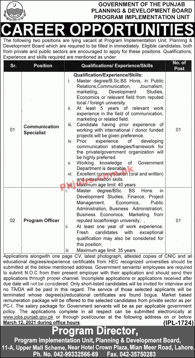 Jobs in Government of the Punjab Planning & Development Board Program Implementation Unit