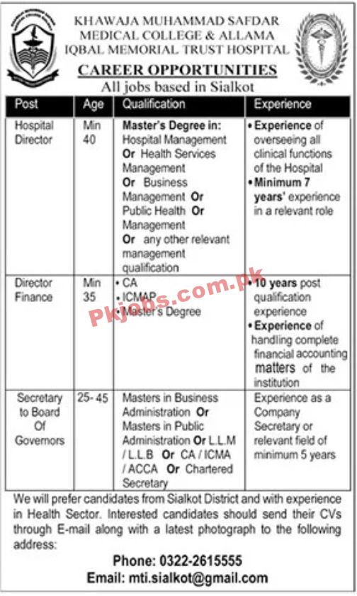 Jobs in Khawaja Muhammad Safdar Medical College & Allama Iqbal Memorial Trust Hospital