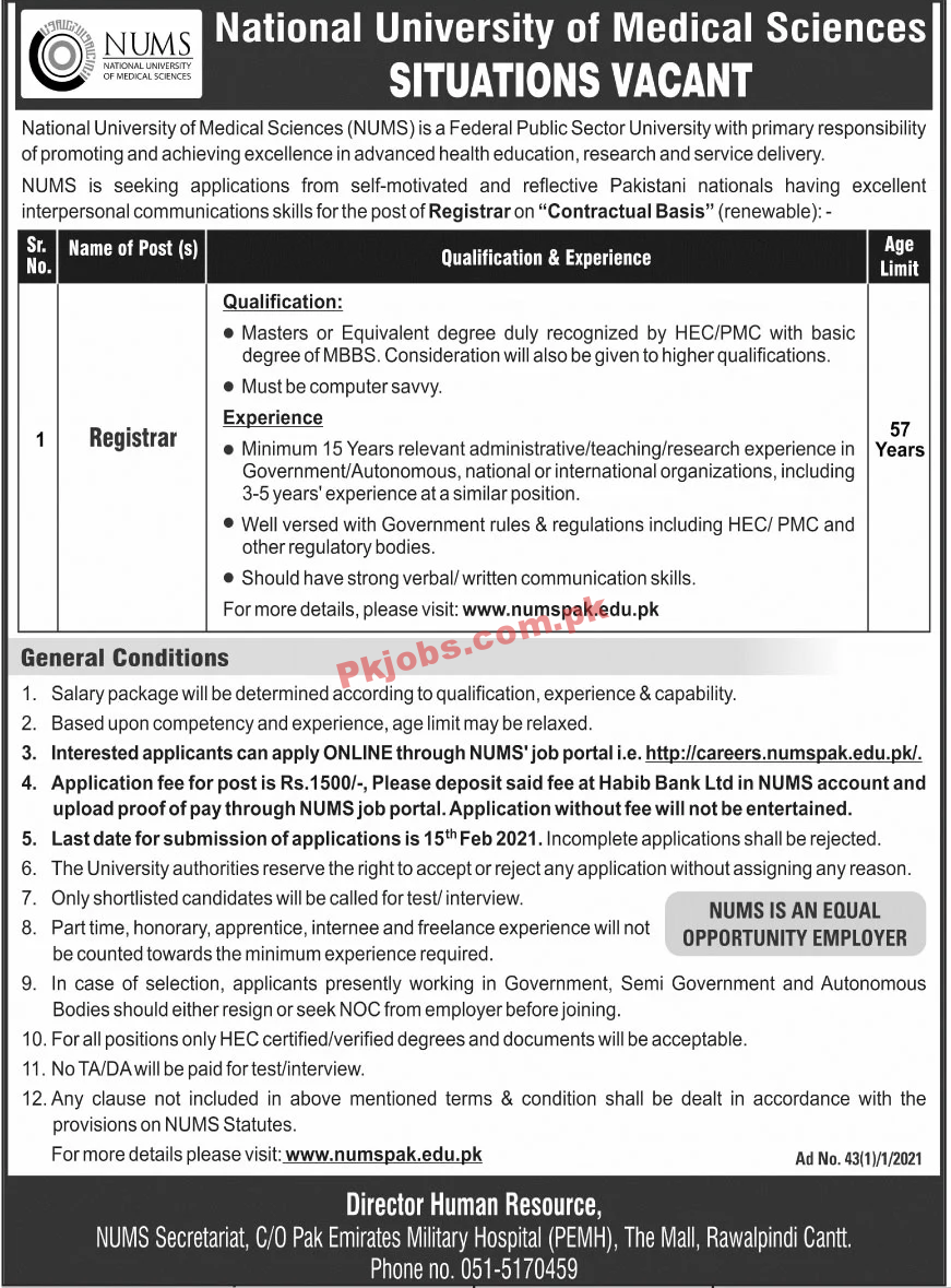 Jobs in National University of Medical Sciences NUMS