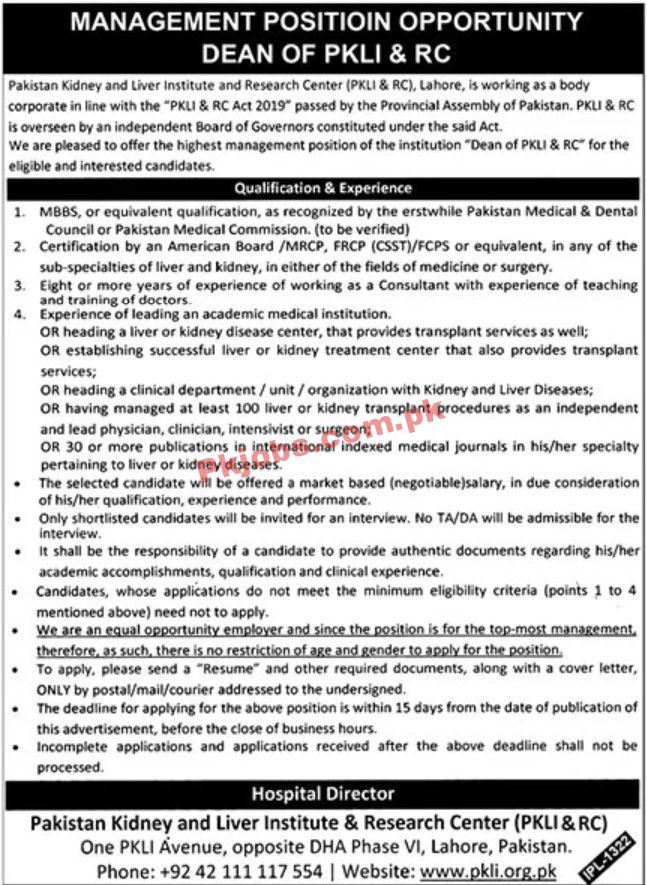 Jobs in Pakistan Kidney and Liver Institute and Research Center
