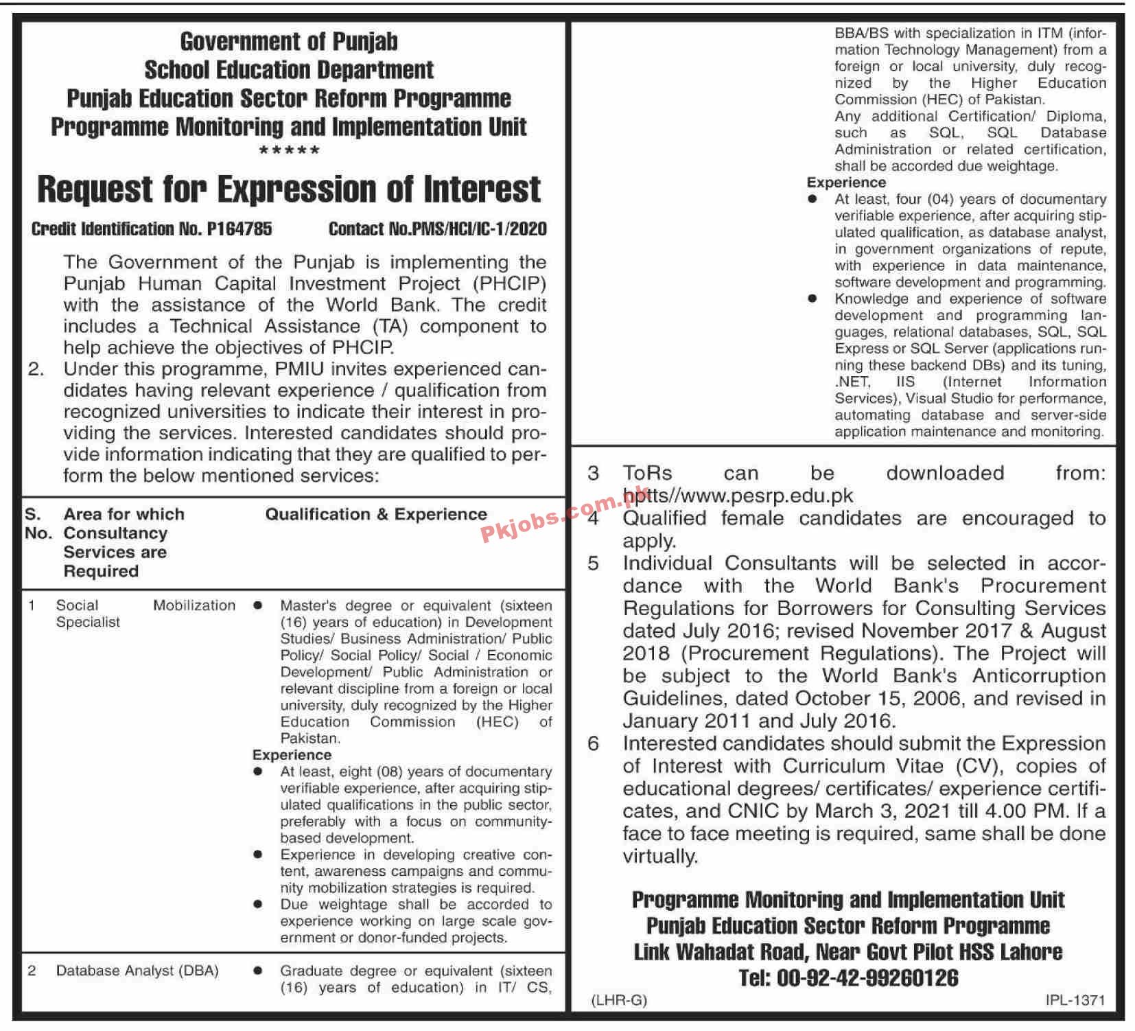 Jobs in Punjab Education Sector Reform Programme