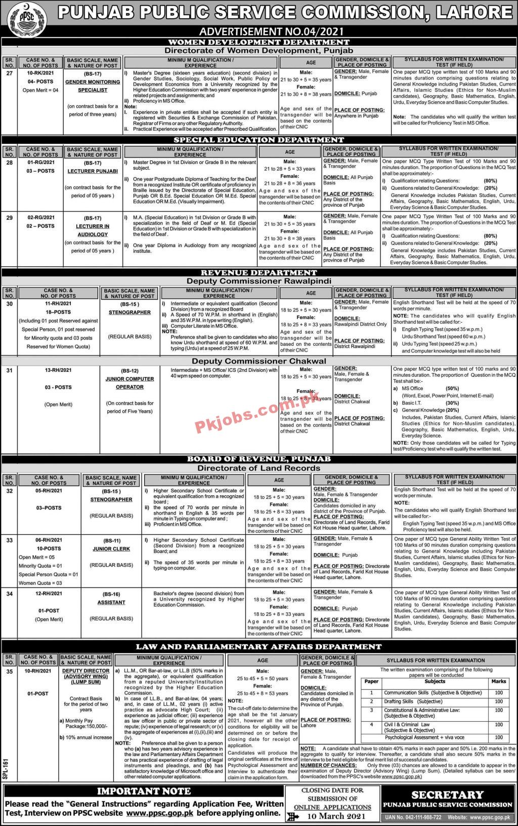 Jobs in Punjab Public Service Commission PPSC Advertisement No 04-