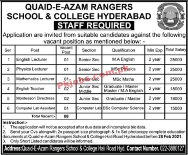 Jobs in Quaid e Azam Rangers School & College Hyderabad