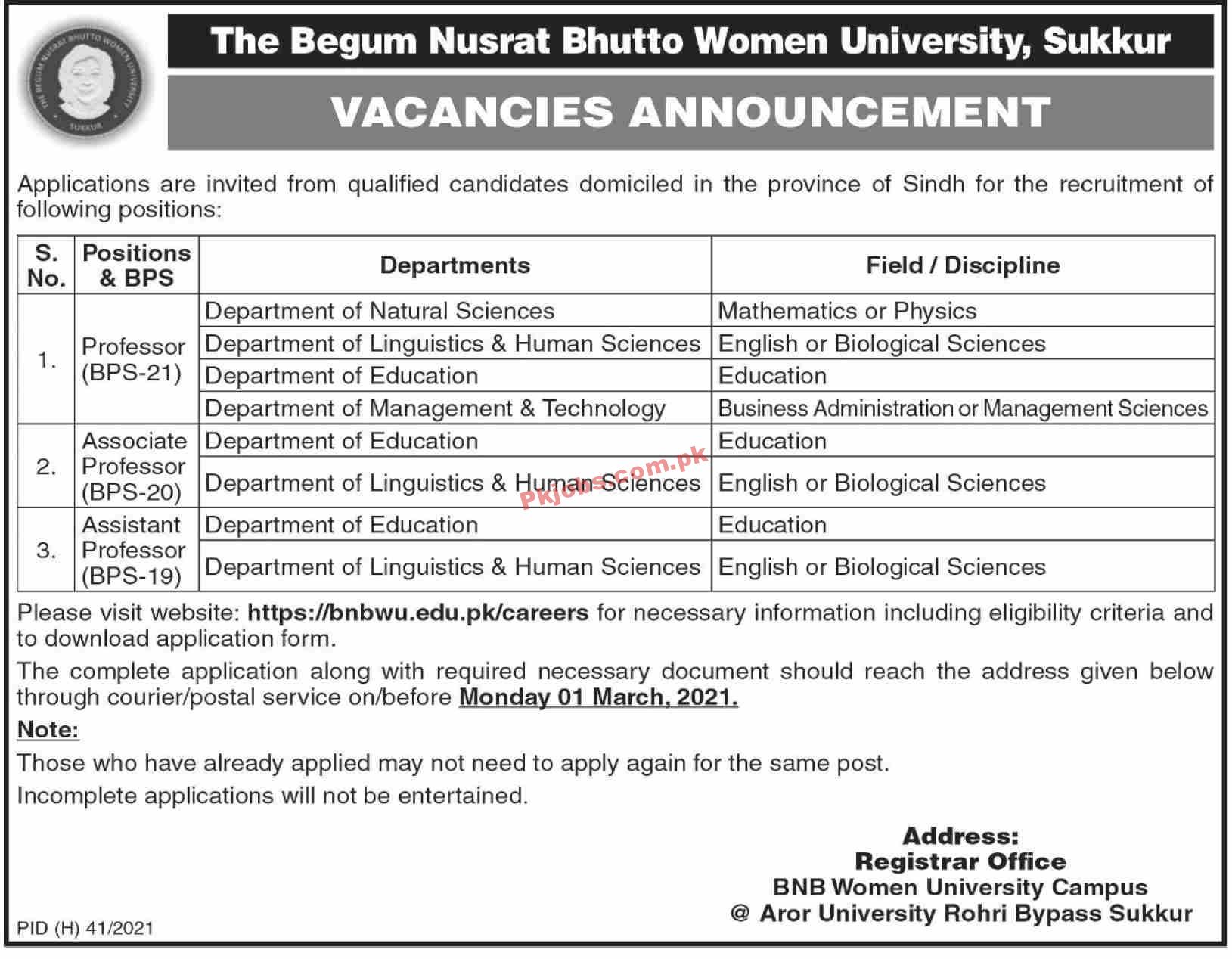 Jobs in The Begum Nursat Bhutto Women University Sukkur