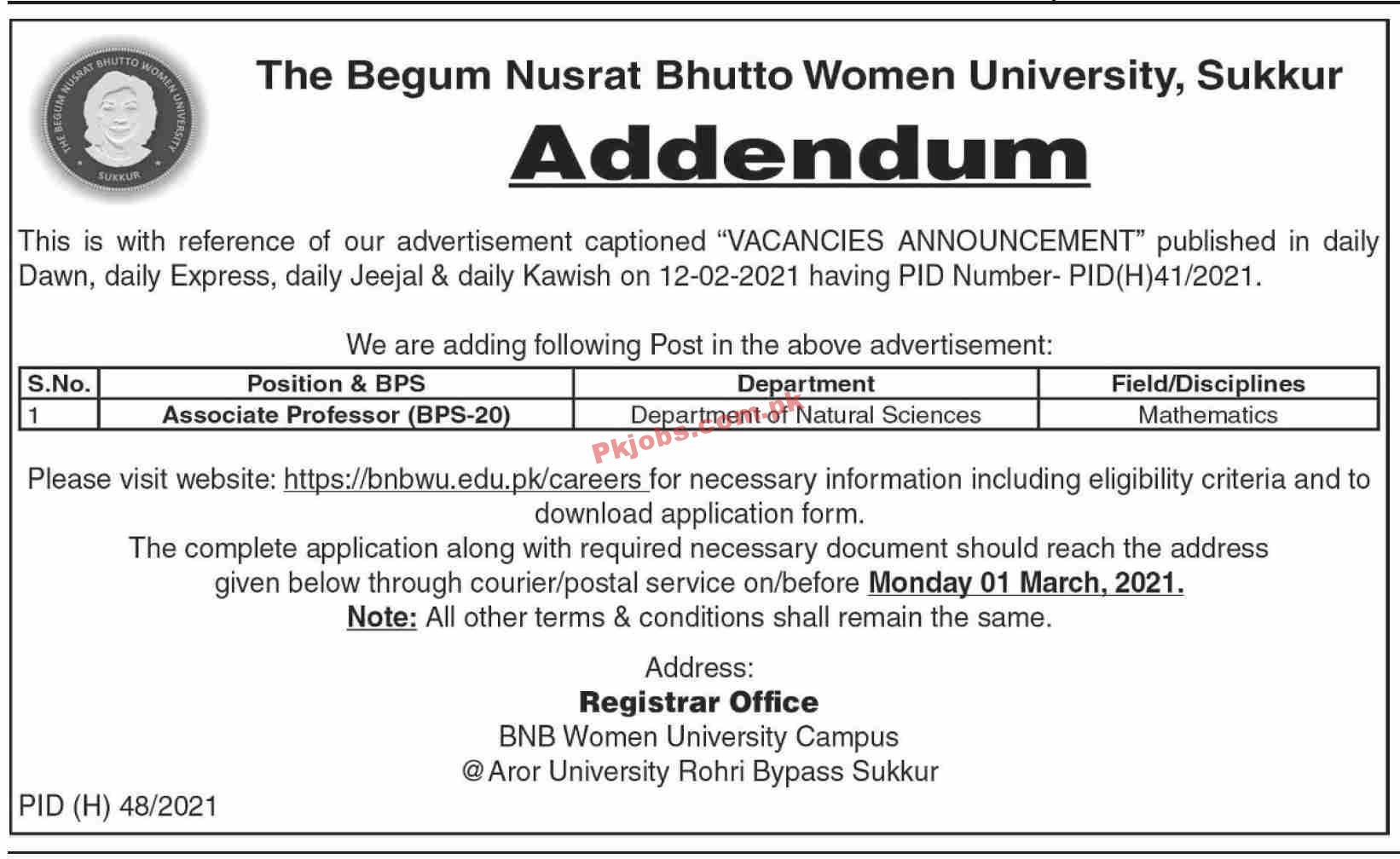 Jobs in The Begum Nusrat Bhutto Women University Sukkur
