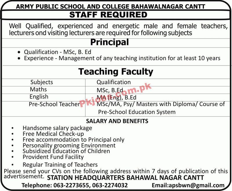 Army Public School & College Management & Teaching PK Jobs 2021