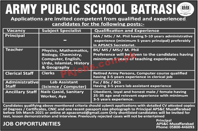 Army Public School Faculty & Management PK Jobs 2021