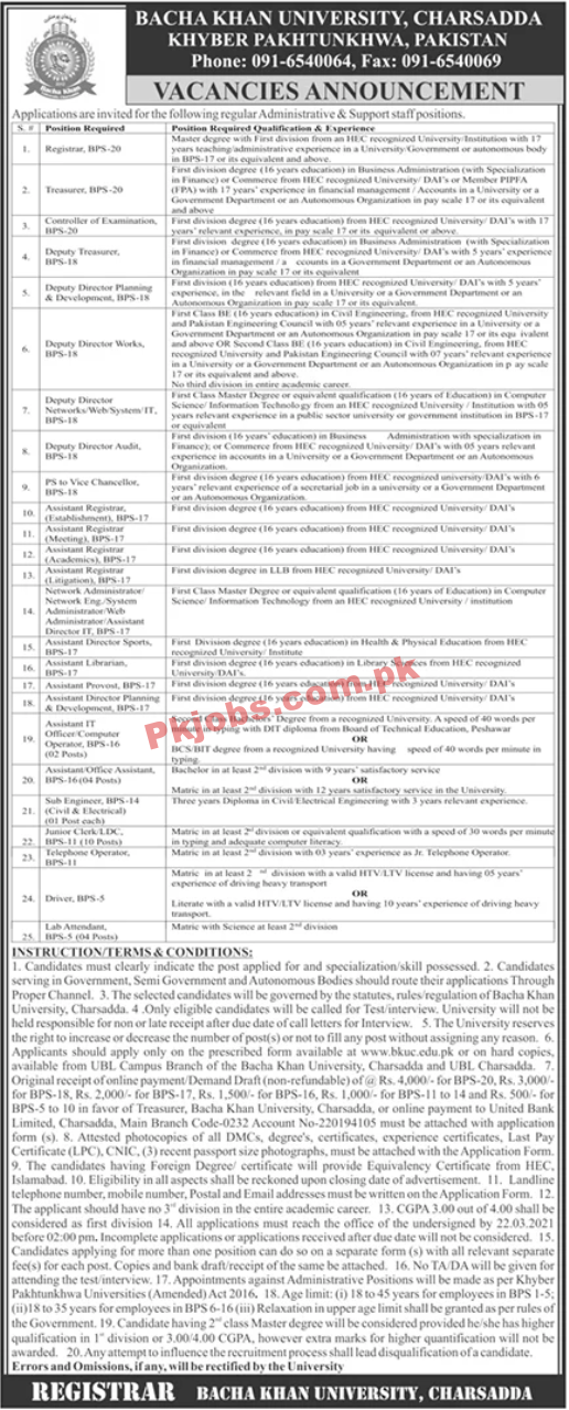 Bacha Khan University Administrative PK Jobs 2021