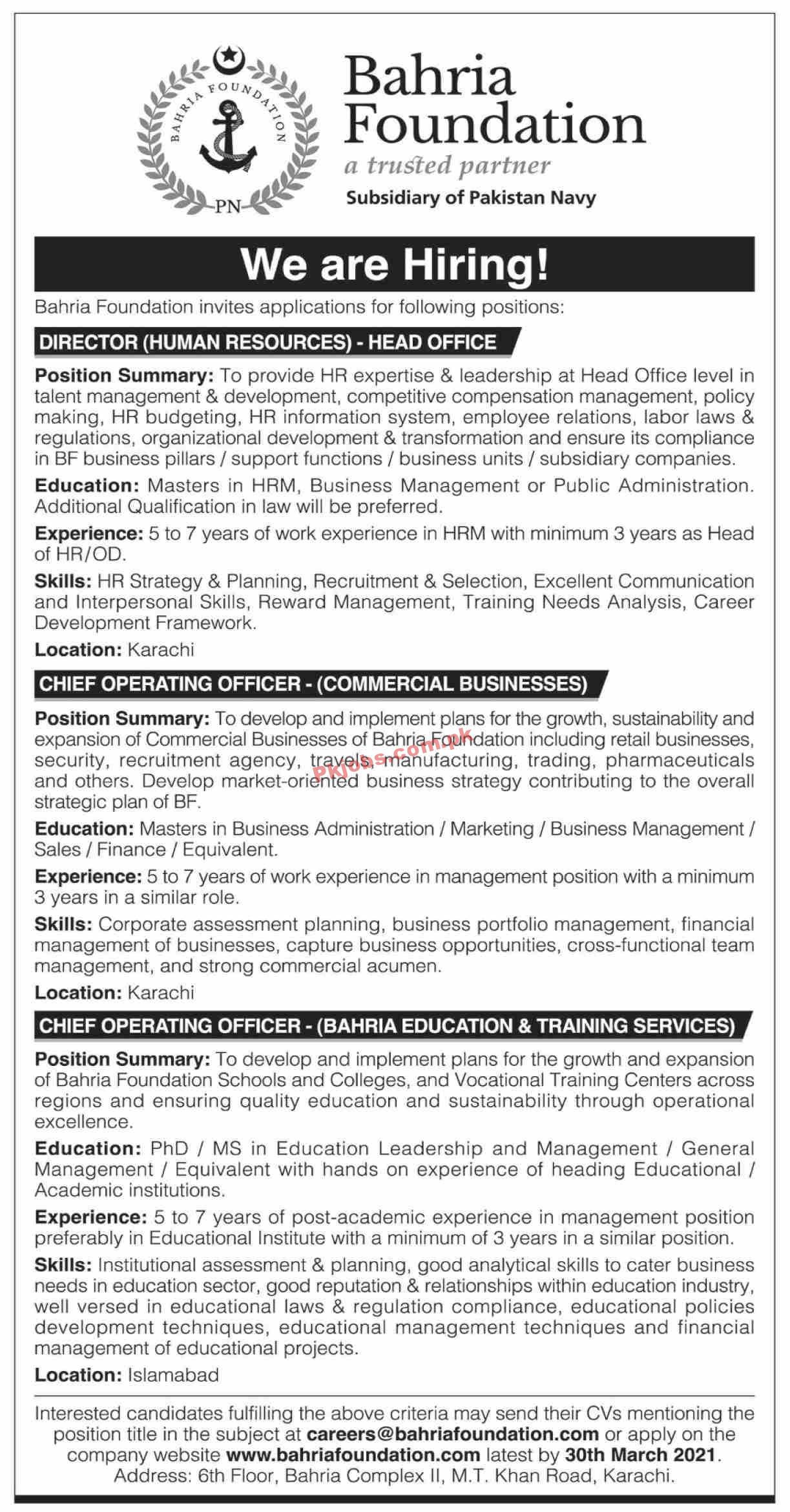 Bahria Foundation Management PK Jobs 2021