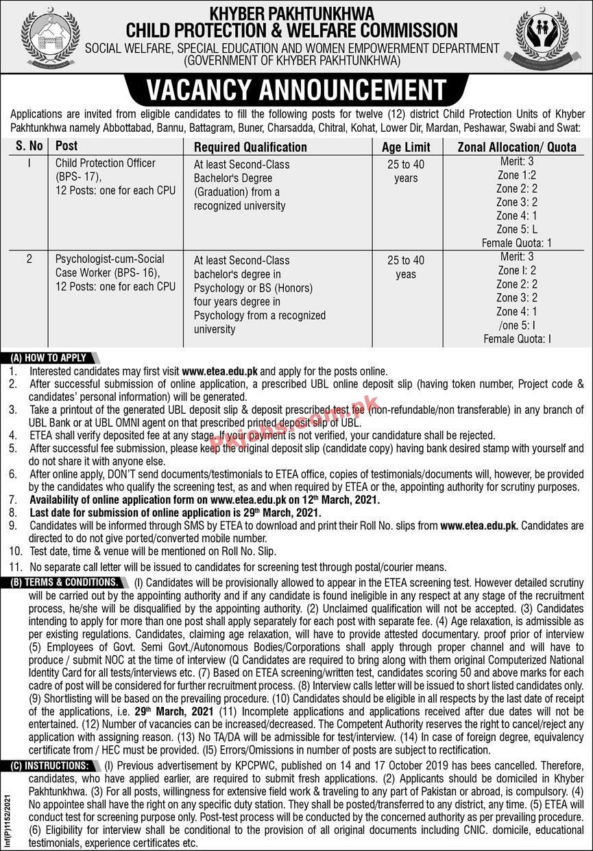 Child Protection & Social Welfare Commission PK Jobs 2021