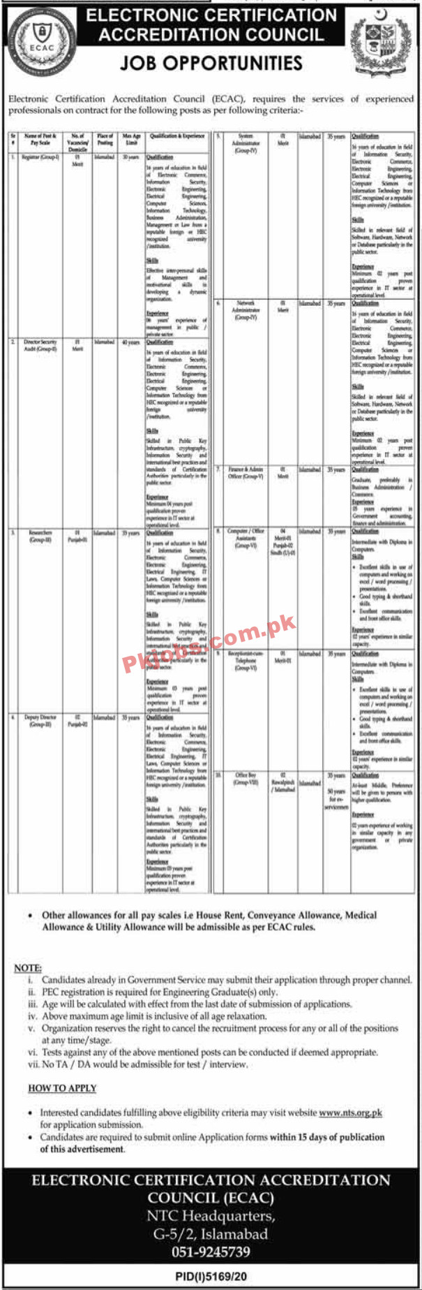 Electronic Certification Accreditation Council (ECAC) NTS PK Jobs 2021