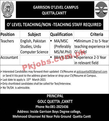 Garrison Academy Faculty & Management PK Jobs 2021