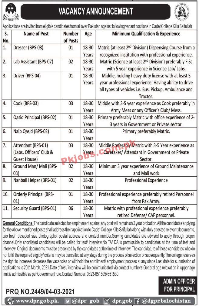 Jobs in Cadet College Killa Saifullah