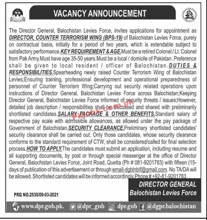 Jobs in Director General Balochistan Levies Force