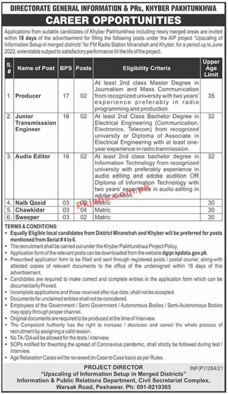 Jobs in Directorate General Information & PRs Khyber Pakhtunkhwa