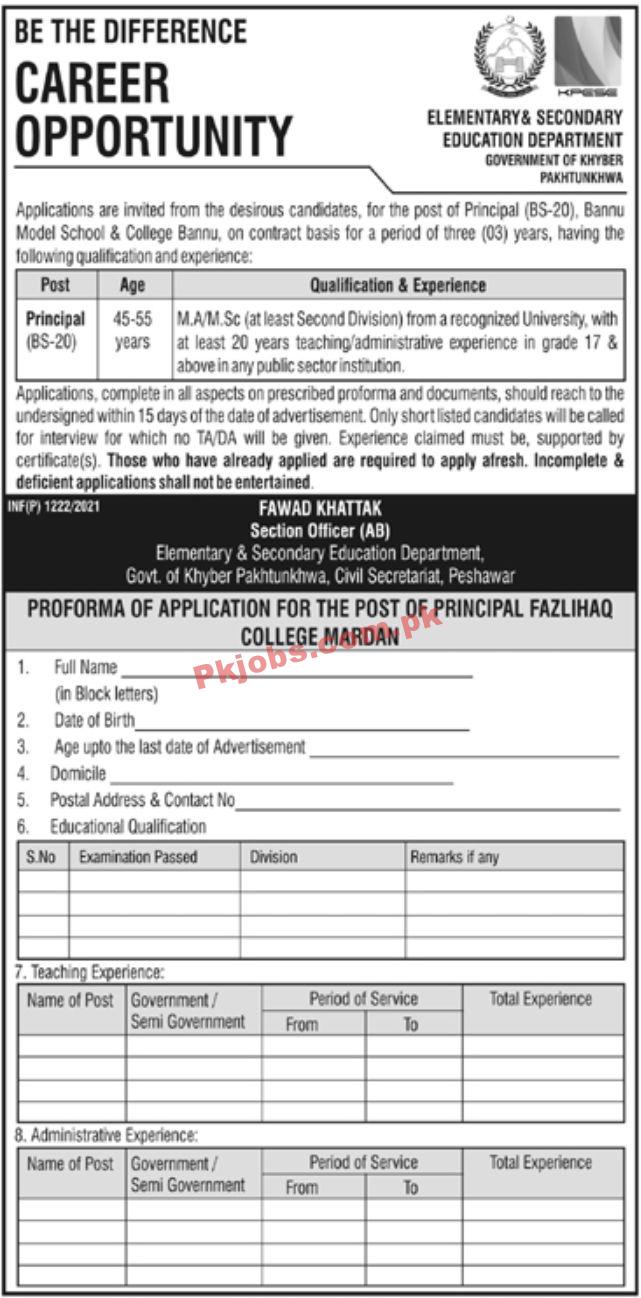 Jobs in Government of Khyber Pakhtunkhwa Elementary & Secondary Education Department