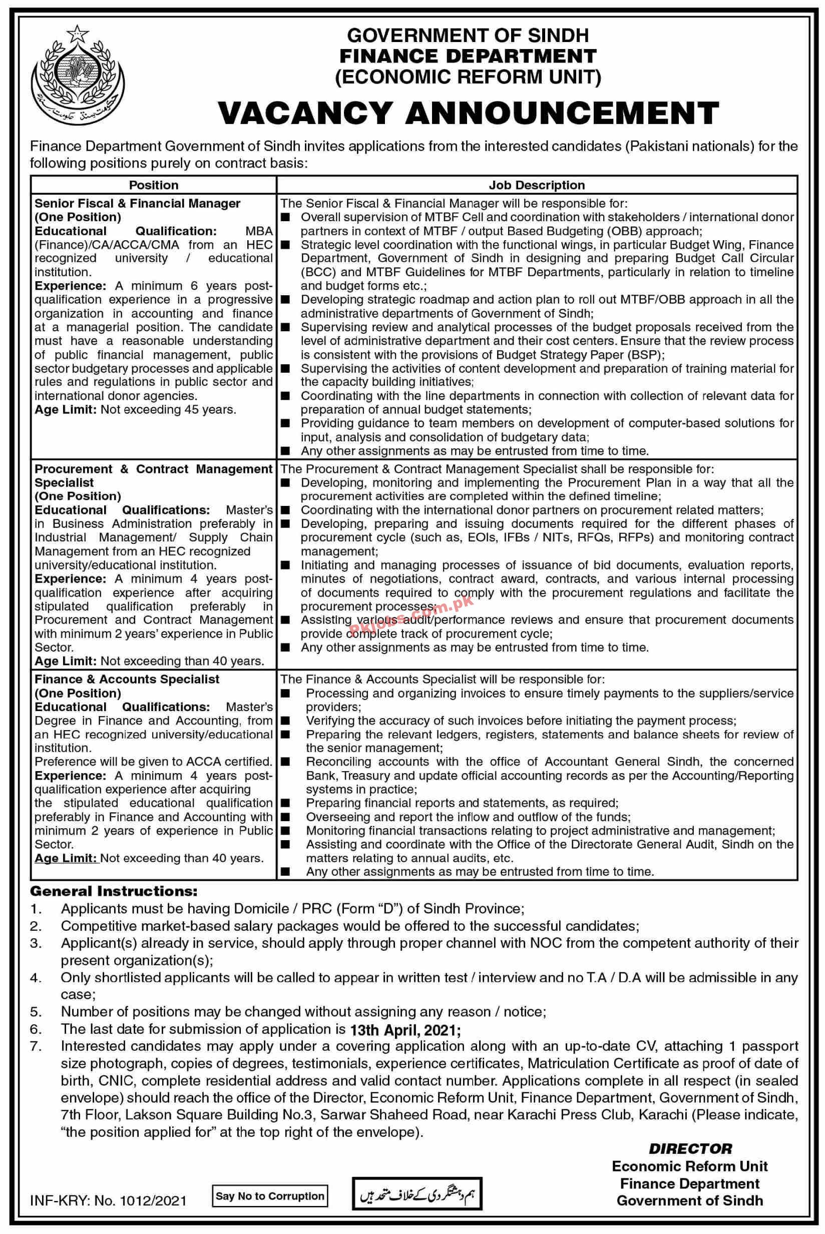 Jobs in Government of Sindh Finance Department