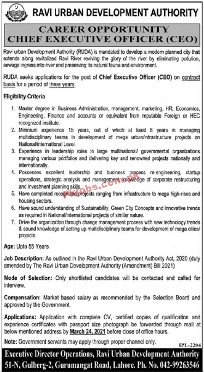 Jobs in Government of the Punjab Ravi Urban Development Authority RUDA