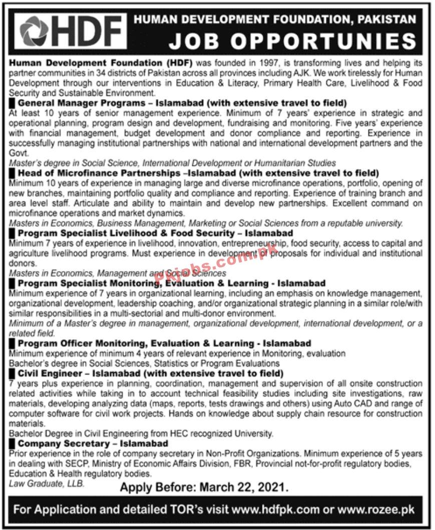 Jobs in Human Development Foundation HDF Pakistan