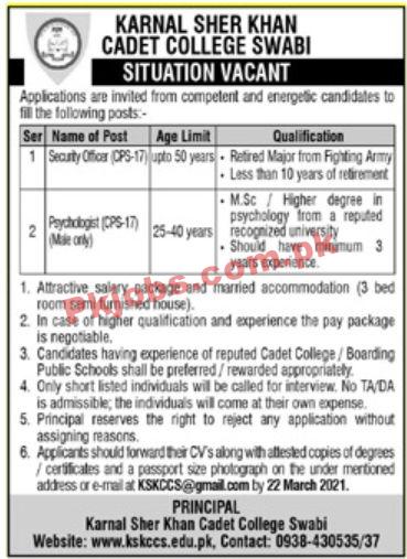 Jobs in Karnal Sher Khan Cadet College Swabi