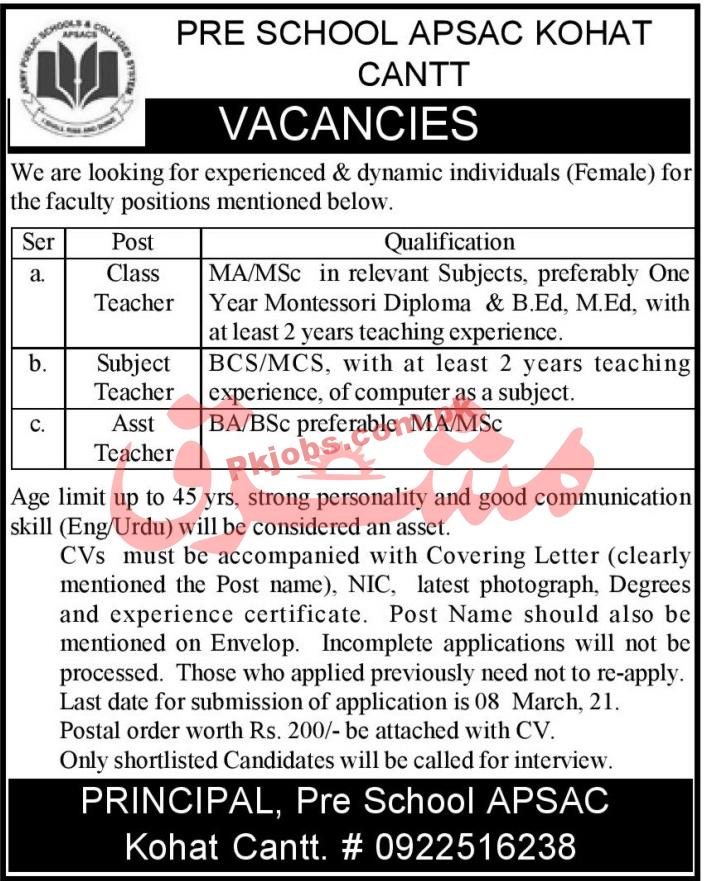 Jobs in PRE School APSAC Kohat