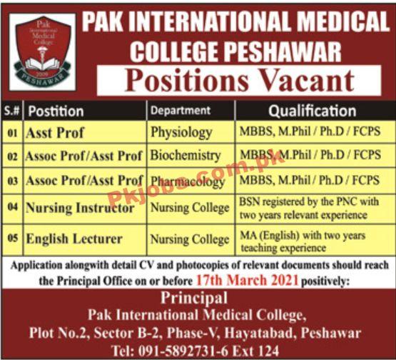 Jobs in Pak International Medical College Peshawar