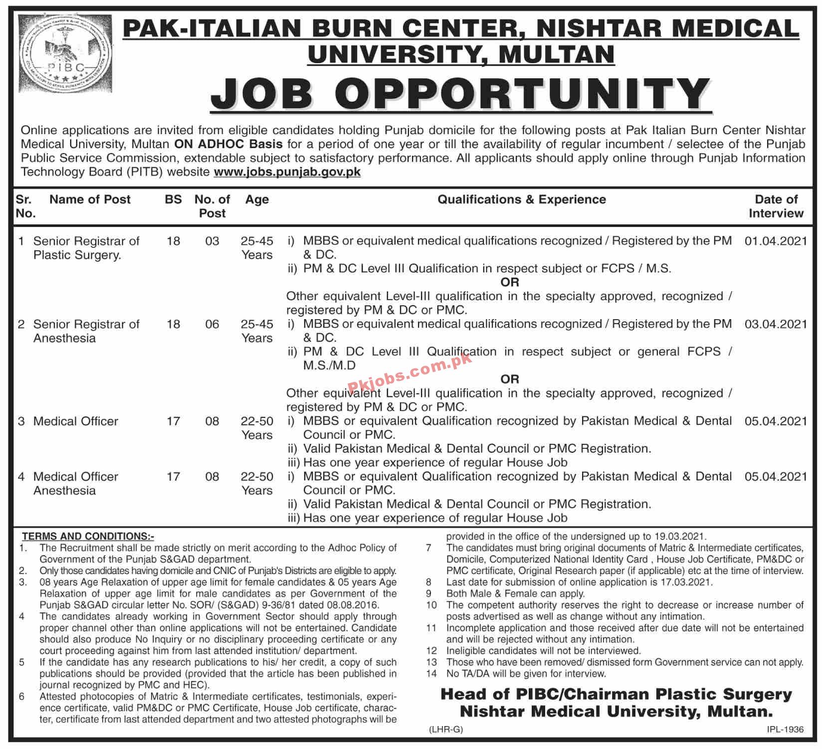 Jobs in Pak-Italian Burn Center Nishtar Medical University Multan