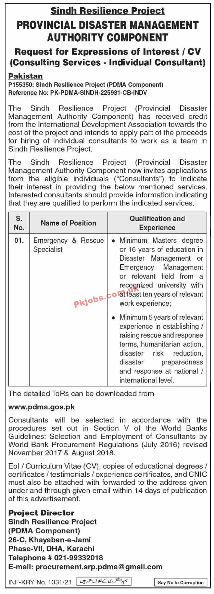 Jobs in Provincial Disaster Management Authority Component