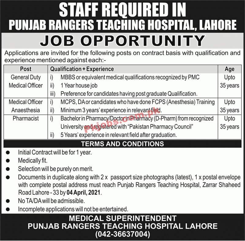 Jobs in Punjab Rangers Teaching Hospital Lahore