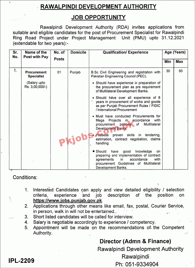 Jobs in Rawalpindi Development Authority RDA