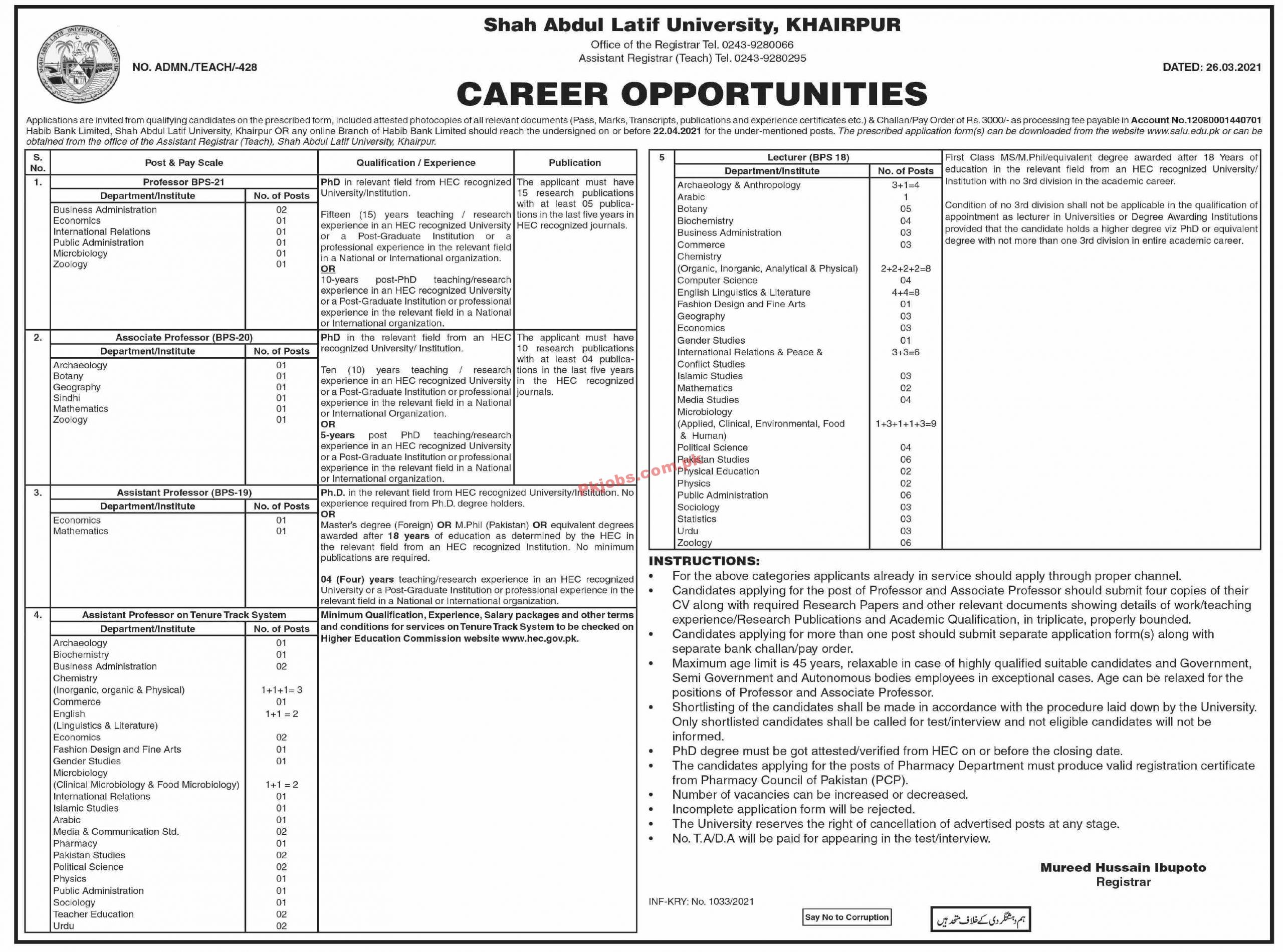 Jobs in Shah Abdul Latif University Khairpur