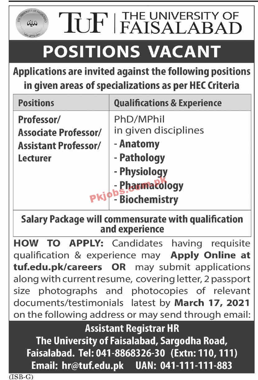 Jobs in TUF The University of Faisalabad