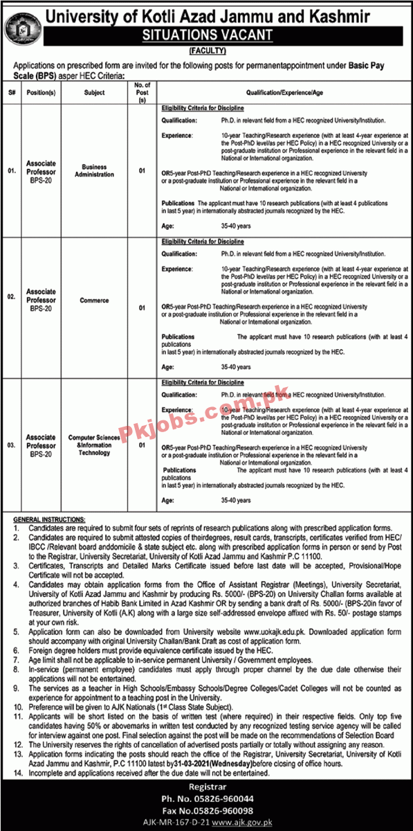 Jobs in University of Kotli Azad Jammu and Kashmir