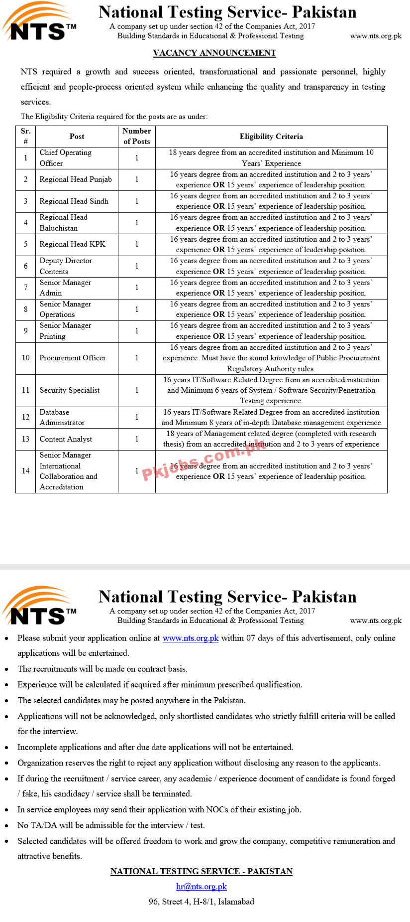 NTS Announced Latest Management PK Jobs 2021