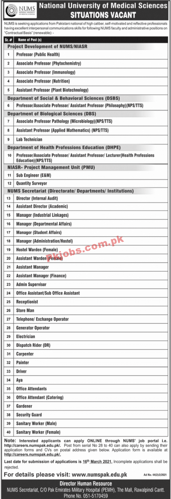 National University of Medical Sciences (NUMS) Faculty & Management PK Jobs 2021