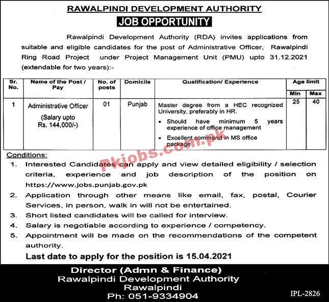 Rawalpindi Development Authority (RDA) PK Jobs 2021